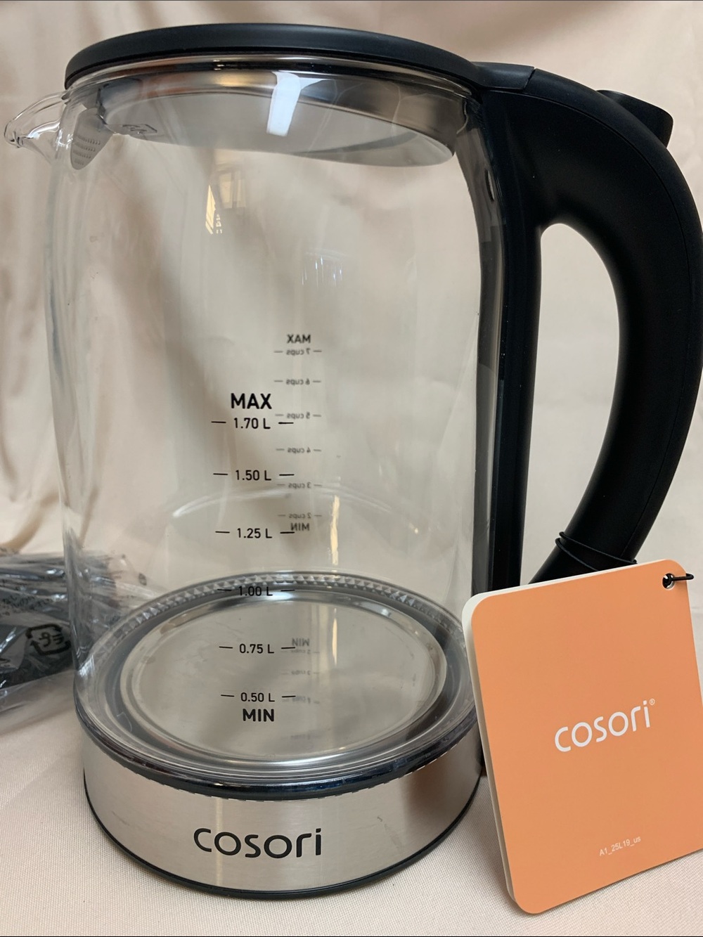 Cosori Glass Electric Kettle in Clear with Black Handle